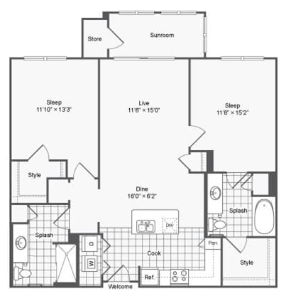 Floor Plan  A22 two bed two bath floor plan at The Haven, Atlanta, 30329