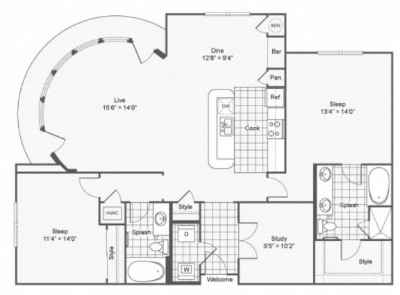 Floor Plan  B12 two bed two bath 1495 sq ft at The Ren, Georgia