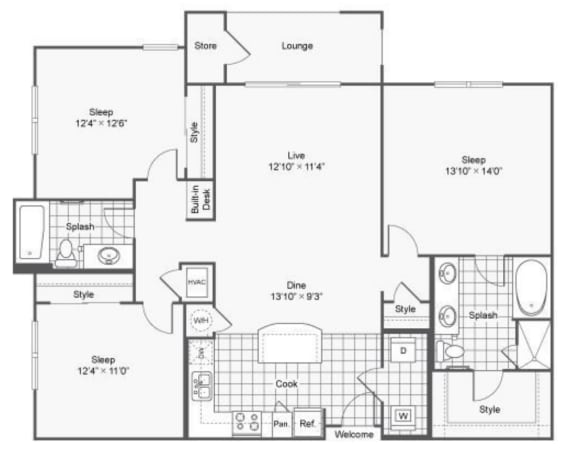 Floor Plan  B14 three bed two bath 1362 sq ft at The Haven, Atlanta Georgia