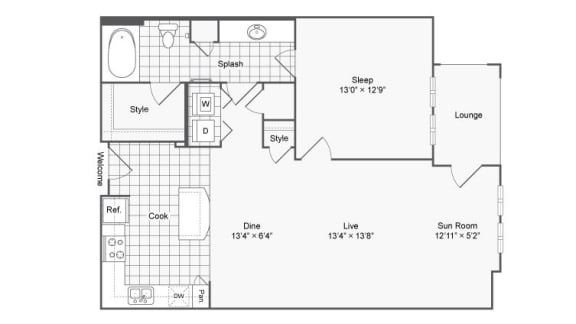Floor Plan  1 bed 1 bath F&#xA0;at The Hendrix, Atlanta