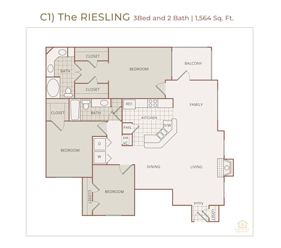 Floor Plan  3Bed 2Bath Floor Plan at The Vineyards Apartments, Germantown