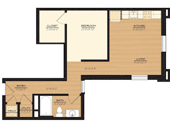 A floor plan of a house with a living room, kitchen, bedroom, bathroom, and utility area.