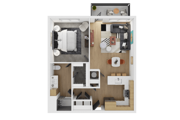 a 3d floor plan of a bedroom with a bathroom and a living room