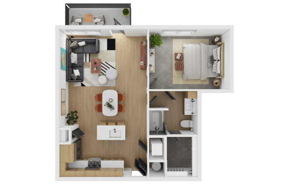 a bedroom with a bathroom and a living room