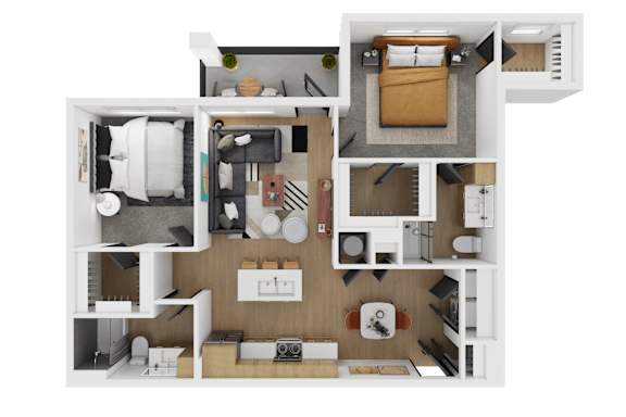 A top-down view of a small apartment layout with a kitchen, living room, and bedroom.