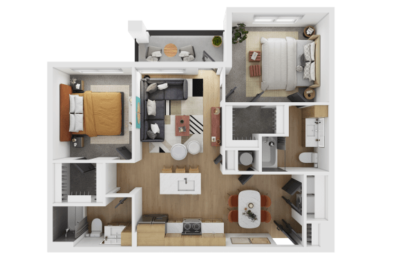 a 3d rendering of a bedroom and living room