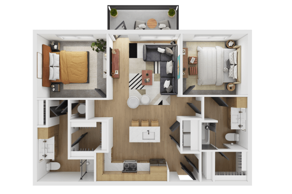 a 3d rendering of a bedroom and living room