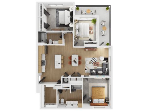 a 3d rendering of a bedroom with a living room and a bathroom