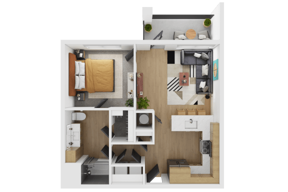 a 3d rendering of a furnished apartment with a bedroom and a living room