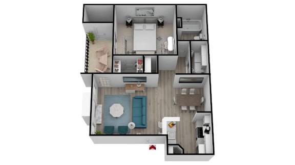 Two bedrooms floor plan and open living area at Wood Terrace Apartments, Georgia