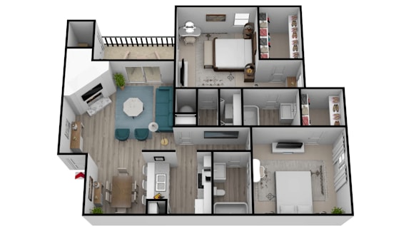 A 3D floor plan of a house with multiple rooms.