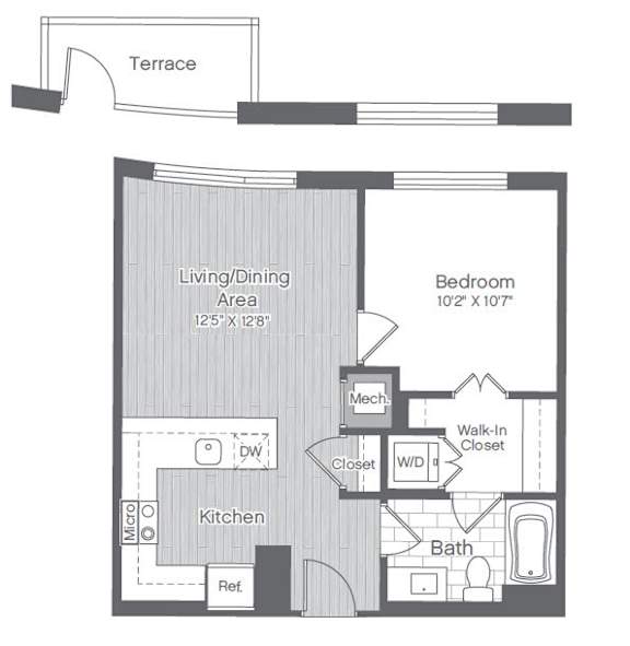 A floor plan of a house with a terrace, living/dining area, kitchen, bathroom, bedroom, and walk-in closet.