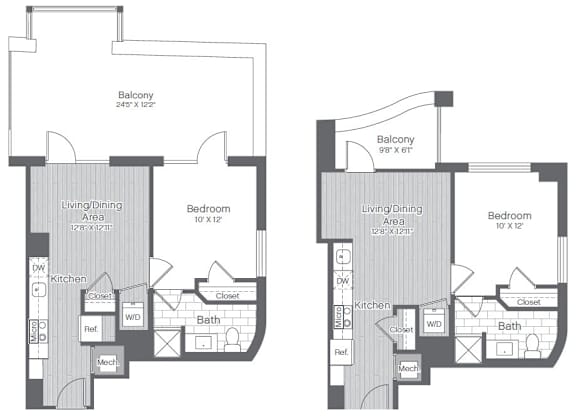 A floor plan of a two bedroom apartment with a living and dining area.