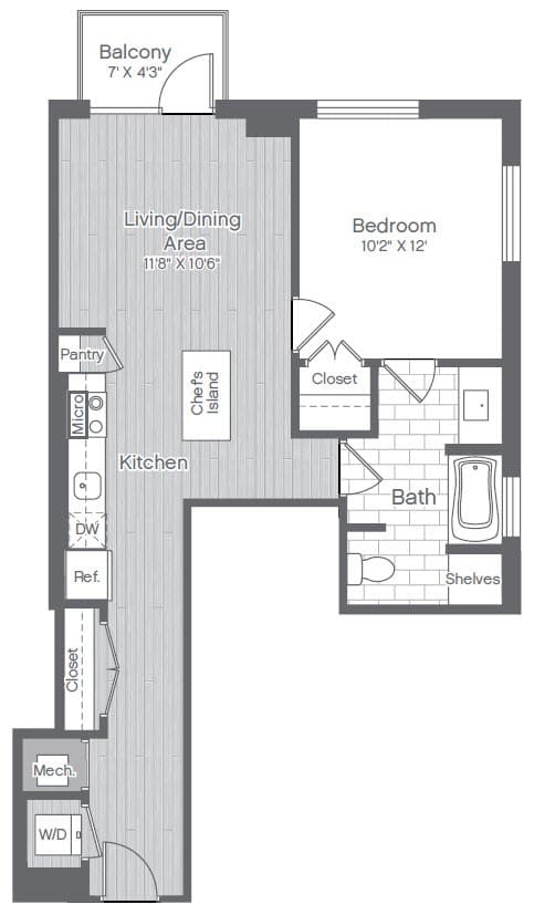 A floor plan of an apartment with a living area, bedroom, kitchen, and bathroom.