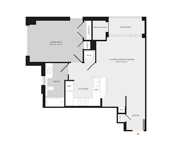 A floor plan of a home with a living room, dining room, kitchen, bathroom, and bedroom.