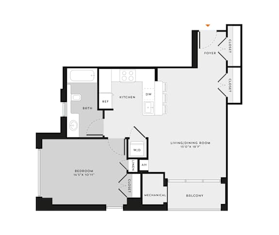 A floor plan of a house with a living/dining room, kitchen, bathroom, and bedroom.