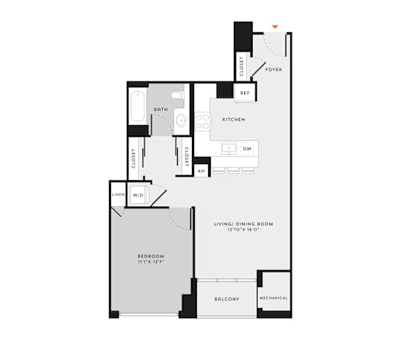 A floor plan of a house with a living room, dining room, bedroom, kitchen, and bathroom.