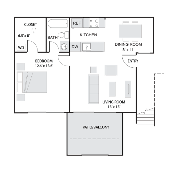 A floor plan of a house with a living room, dining room, kitchen, bathroom, bedroom, and closet.