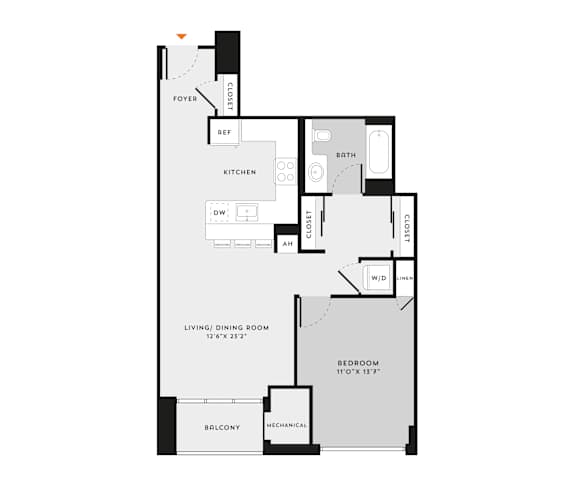 A floor plan of a small apartment with a living room, dining room, kitchen, and bedroom.