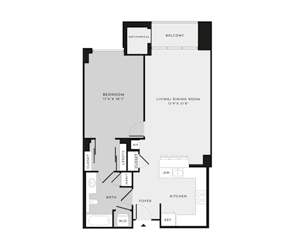 A floor plan of an apartment with a living room, dining room, bedroom, and kitchen.