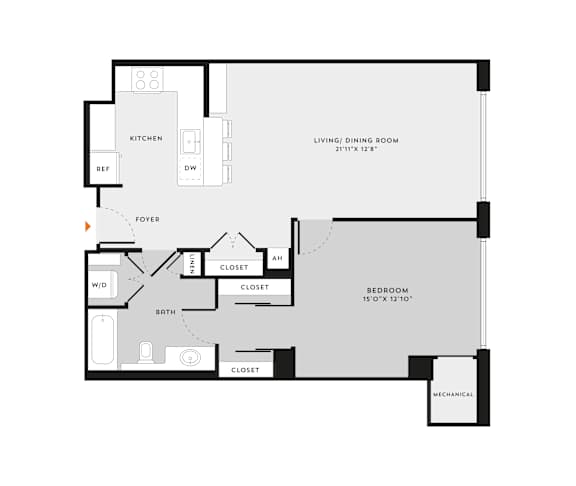A floor plan of a small apartment with a kitchen, living room, and bedroom.