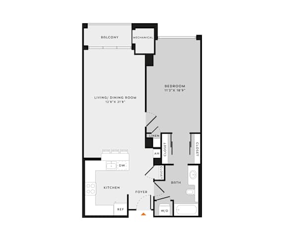 A floor plan of an apartment with a balcony and a mechical.