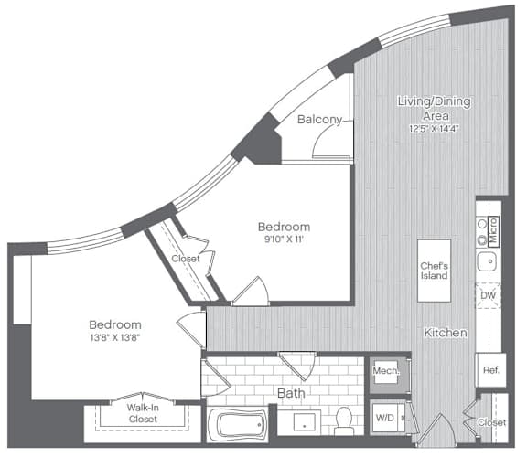 A floor plan of a home with a living area, two bedrooms, a bathroom, a kitchen, and a chef's island.