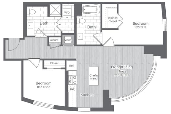 A floor plan of a house with two bathrooms, two closets, a kitchen, a living/dining area, and two bedrooms.