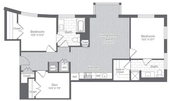 A floor plan of a house with a den, two bedrooms, a living/dining area, kitchen, and bathrooms.