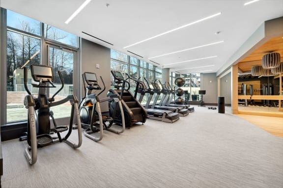 a gym with a row of cardio machines and windows