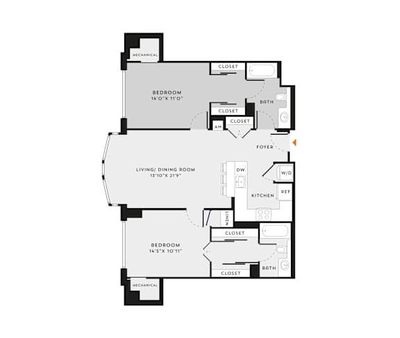 A floor plan of a house with two bedrooms, a living room, a kitchen, a bathroom, and a mechanical section.