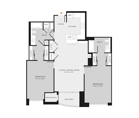 A floor plan of an apartment with two bedrooms, a living room, a kitchen, a bathroom, a foyer, a study, and a mechanical room.