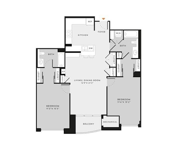 A floor plan of an apartment with a living room, two bedrooms, a kitchen, a bathroom, and a mechanical room.