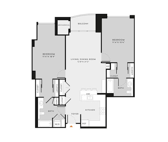 A floor plan of a house with two bedrooms, a living room, a kitchen, a bathroom, a mechanical room, and a closet.
