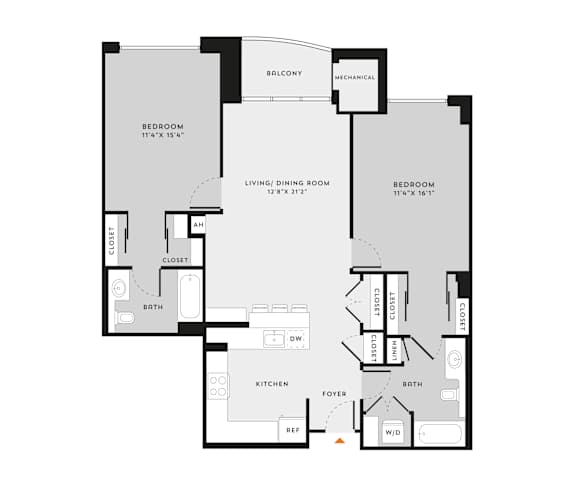 A floor plan of an apartment with two bedrooms, a living room, a kitchen, a bathroom, a foyer, and a closet.
