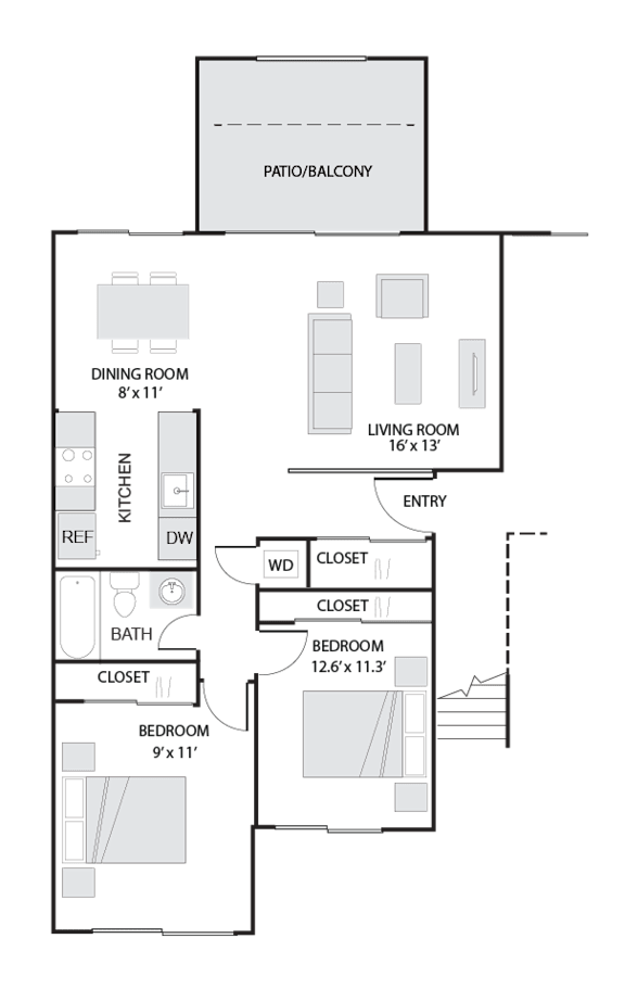 A floor plan of a house with a dining room, living room, kitchen, and two bedrooms.