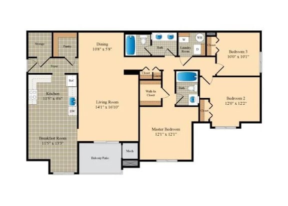 three level floor plan of a home with bedrooms and baths