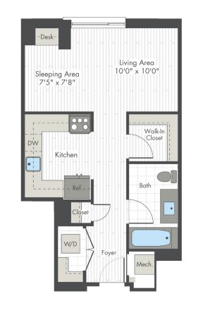 A floor plan of a small apartment with a sleeping area, kitchen, bath, and living area.