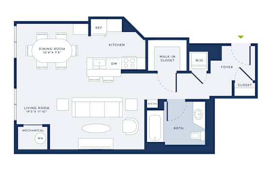A floor plan of a house with a living room, dining room, kitchen, and bathroom.