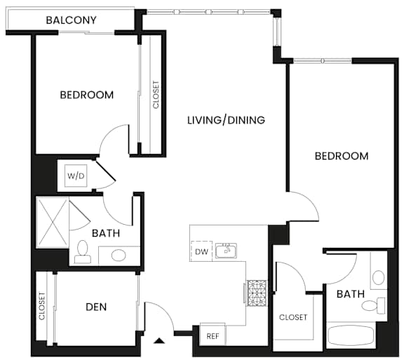 A black and white image of a floor plan for an apartment.