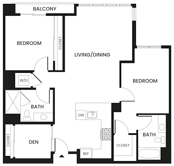 A black and white image of a floor plan for a home with a balcony, two bedrooms, a living/dining area, a bathroom, a den, and a closet.