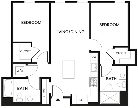 A black and white image of a floor plan for a house with three bedrooms, a living/dining area, two bathrooms, a kitchen, and a laundry area.