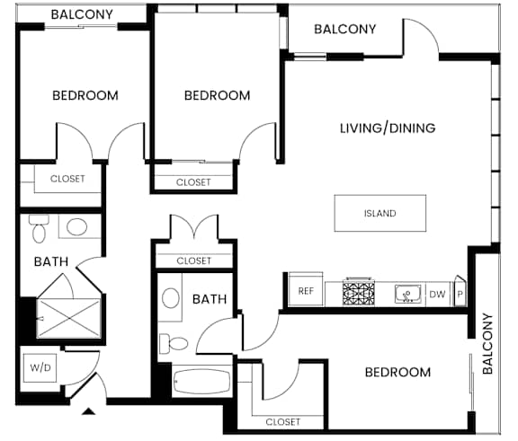A black and white image of a house floor plan with two bedrooms, two bathrooms, a living/dining area, and an island.