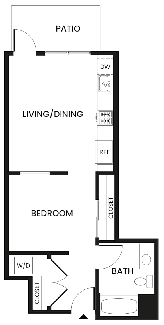 A floor plan of a home with a living area, dining area, bedroom, bathroom and patio.