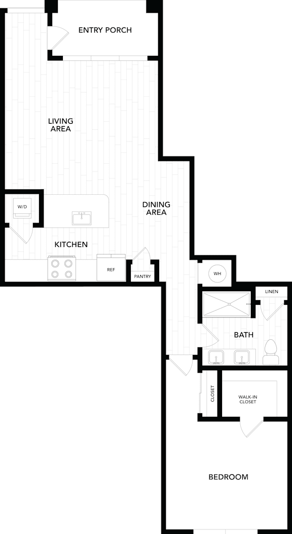 A floor plan of a house with a kitchen, living area, dining area, bathroom, and bedroom.