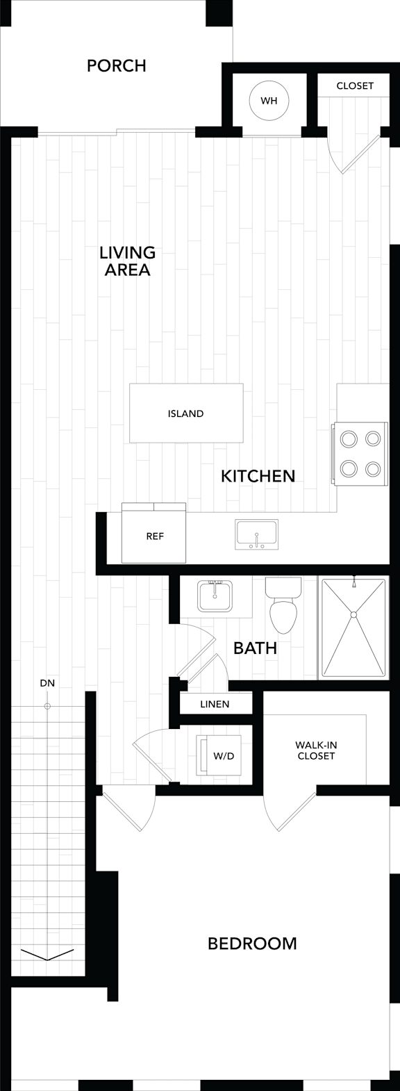 A floor plan of a house with a porch, living area, kitchen, bath, and bedroom.