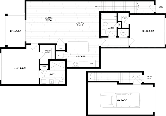 A floor plan of a house with a balcony, two bedrooms, a garage, a kitchen, a dining area, and a living area.