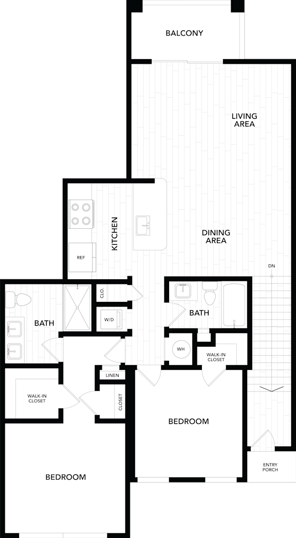 A floor plan of a house with labeled rooms such as "BALCONY", "LIVING AREA", "KITCHEN", "DINING AREA", "BATH", "WALK-IN