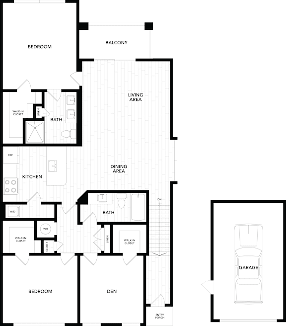 A floor plan of a house with labeled rooms such as Bedroom, Balcony, Living Area, Dining Area, Kitchen, Bath, Garage, and Den.
