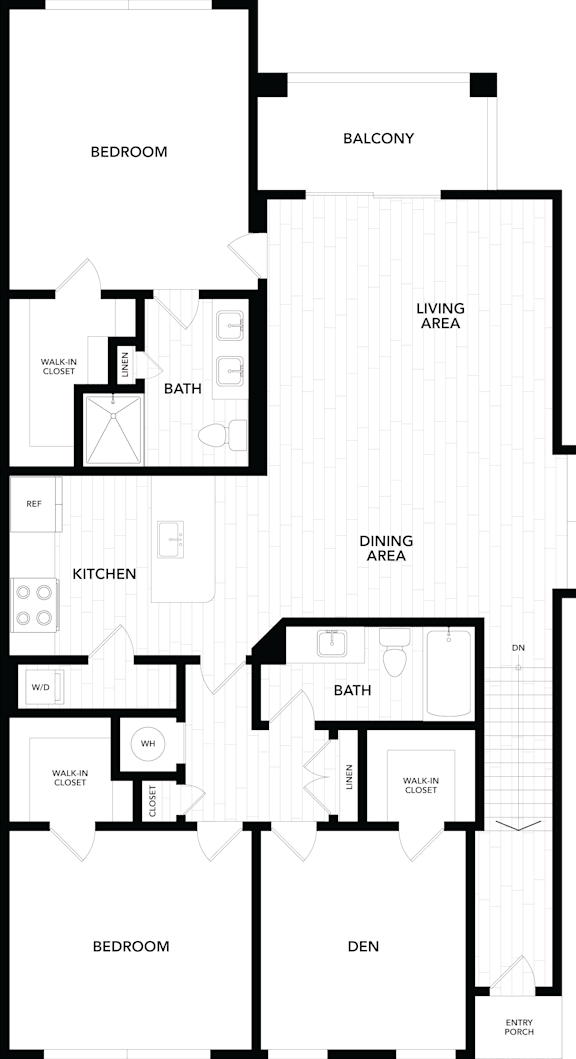 A floor plan of a house with a living area, dining area, kitchen, two bathrooms, and four bedrooms.